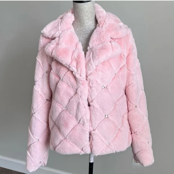 NYCO Pink Faux Fur Coat Quilted Embellished Jacket Barbie Bling Medium - Picture 4 of 14
